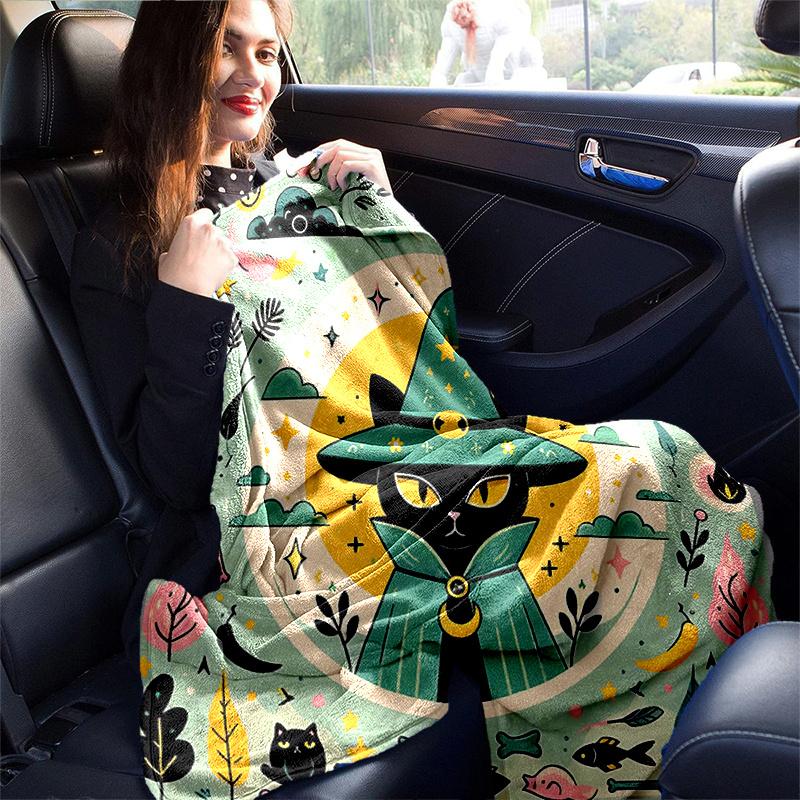 1pc Green Wizard Cat Blanket Soft Throw for Home Decor, Perfect Gift for All Seasons, Living Room, Travel, Camping, Car Blankets