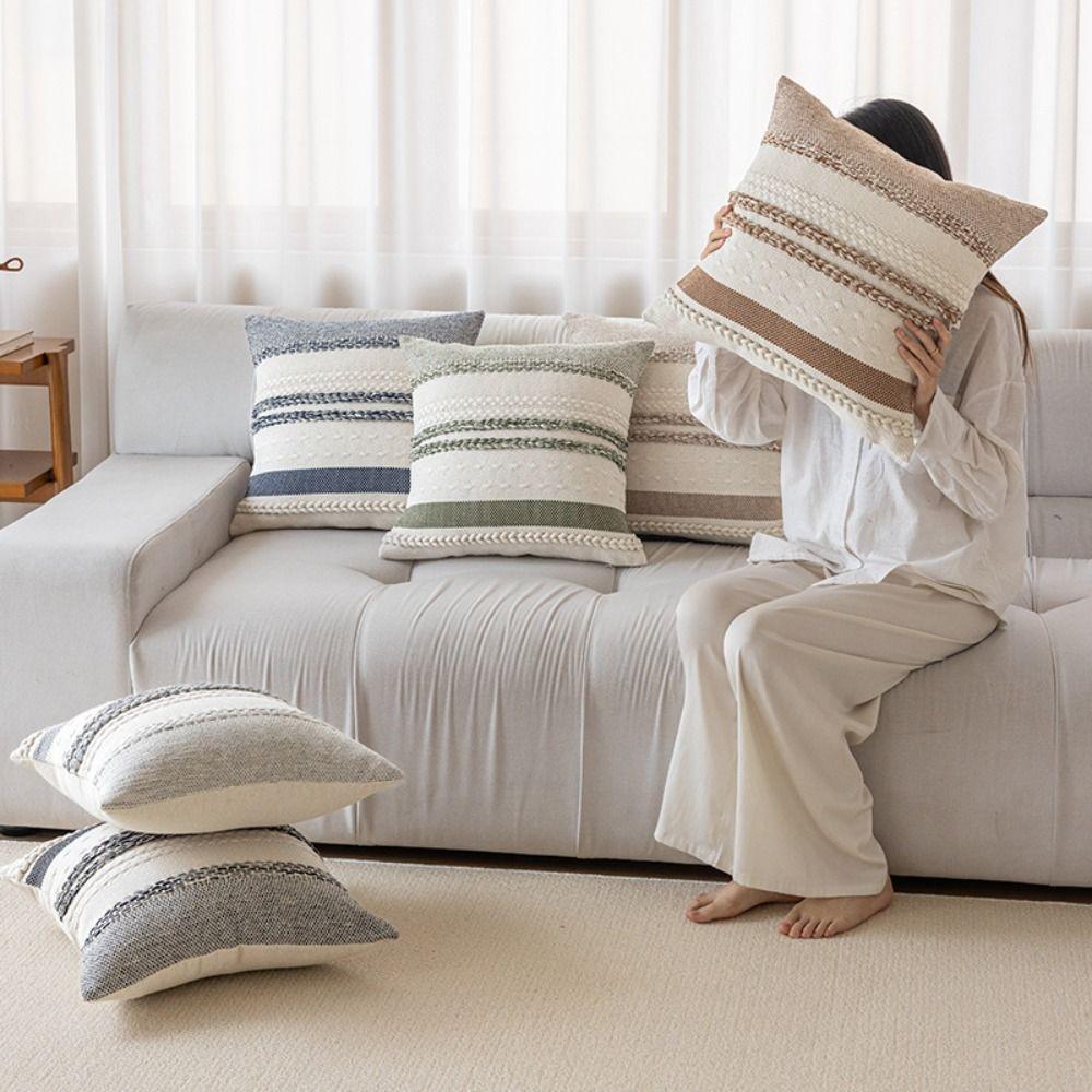 18x18 Inch Boho Throw Pillow Covers Striped Pattern Bohemian Style Large Throw Pillows Textured Design