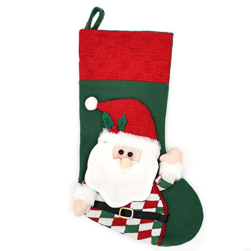 Christmas Stocking Gift Bag with Applique, Knitted Polyester Stocking Ornament, 44X28CM, Holiday Candy Holder for Indoor Y5GB