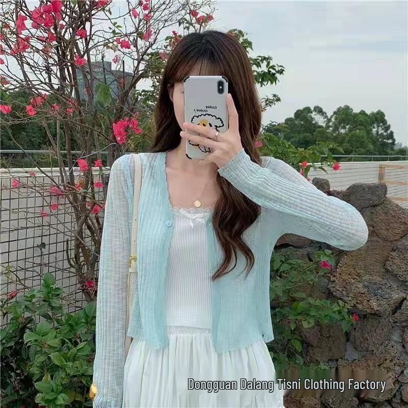 Women's Short V-Neck Knitted Cardigan - Ice Silk Sun Protection Shawl, Perfect Outer Layer for Dresses