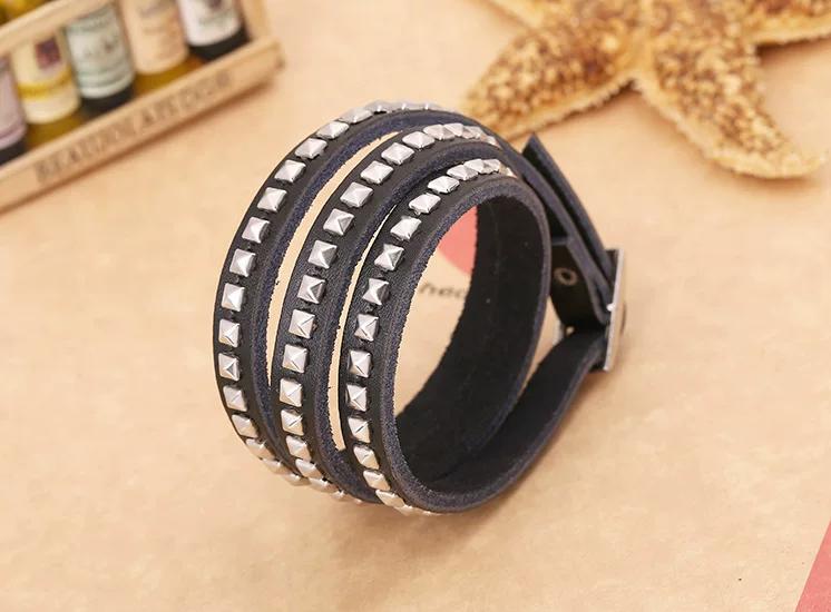 Rock Punk Silver Stud Genuine Leather Bracelet Multi Round Cowhide Leather Bracelet European American New Bracelet Foreign Trade
