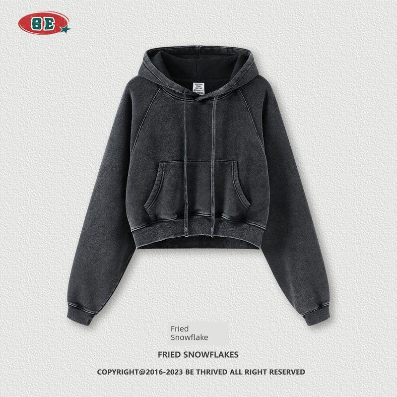 

Будьте женской одеждой 2025 Осень и Зима Европейский и Американский Гяру Реглан Ретро Выстиранный На флисовой подкладке Худи Женский свитер Женский Короткий Fried snowflake(Washed old color) L(Short)