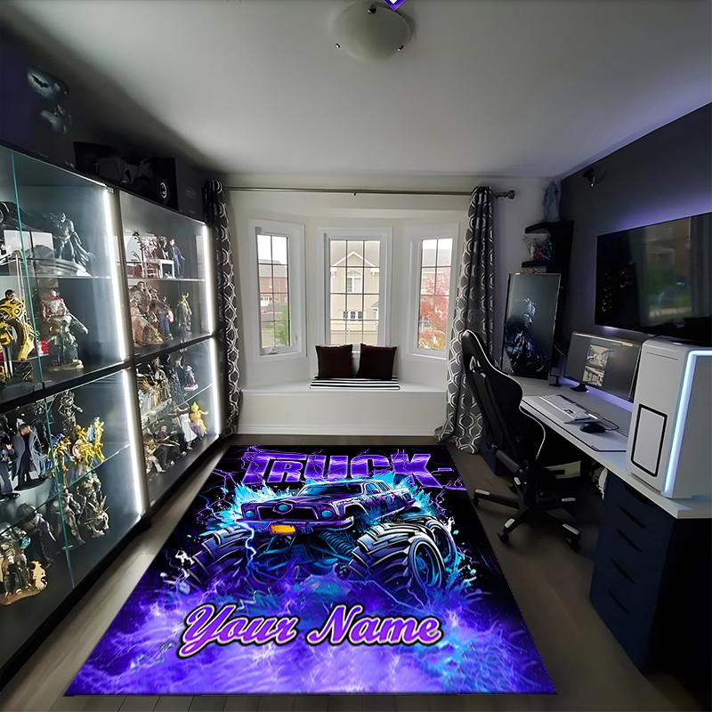 1PC Custom Name Electric Monster Truck Power Theme Floor Mat Ideal for Living Room, Game Rooms, Office, Bedroom, Office Floor Mat , Floor Mats for Hom