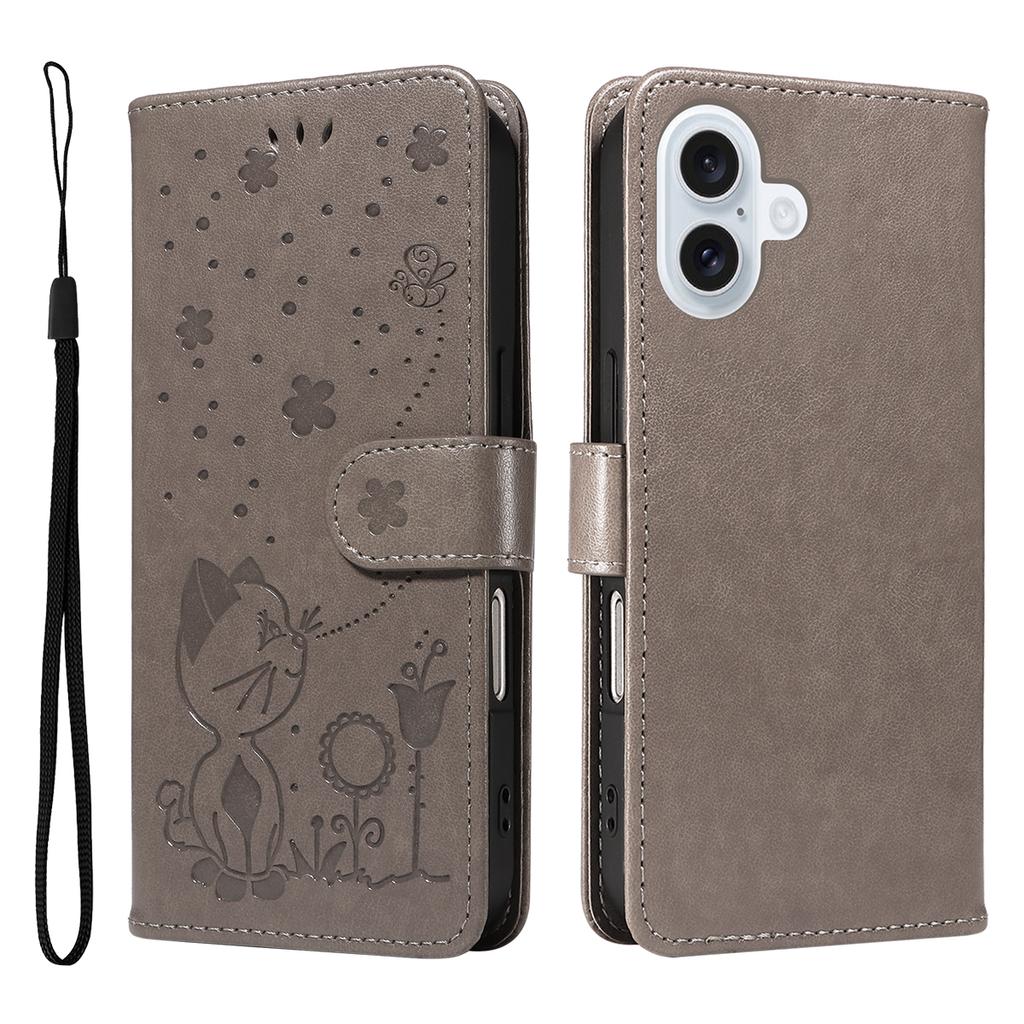 For iPhone 17 Leather Wallet Case Cat Bee Pattern Phone Cover Stand