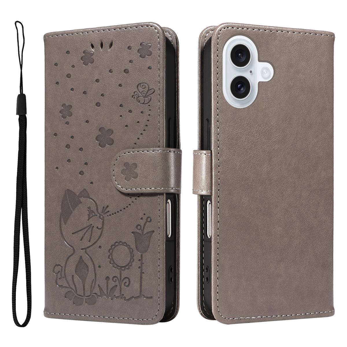 

For iPhone 17 Leather Wallet Case Cat Bee Pattern Phone Cover Stand Grey