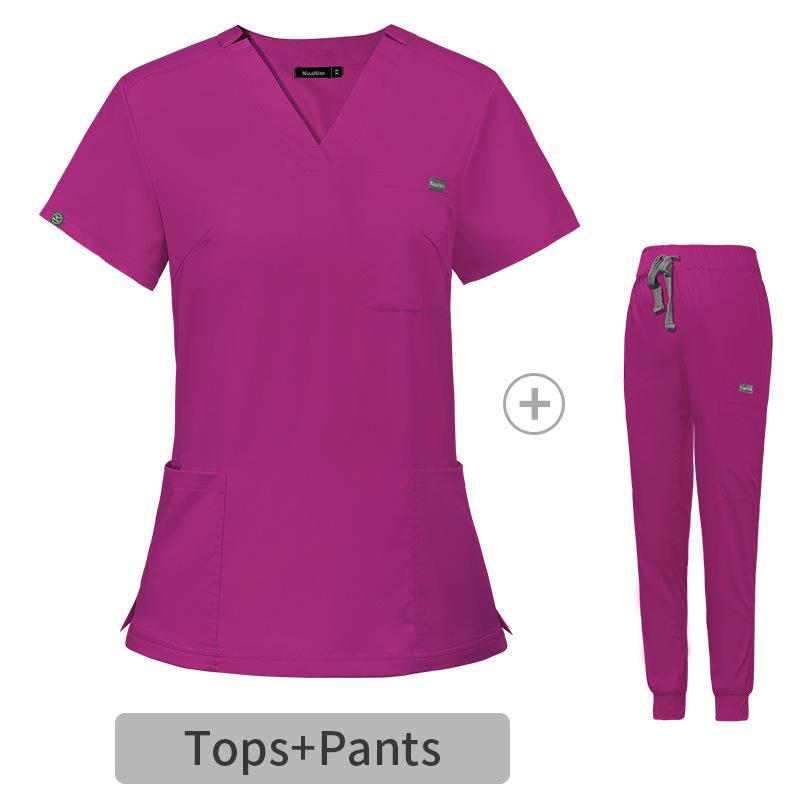 Elastic V-Neck Short Sleeve Nurse Uniform Set for Women - Surgical Scrub Suit in Stock