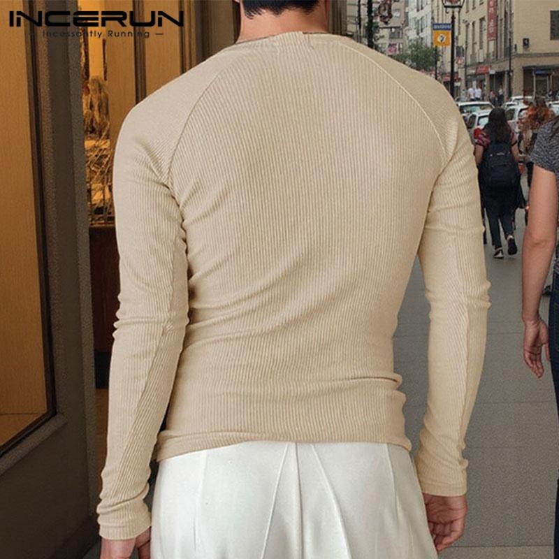 INCERUN Men V Neck Long Sleeve Rib Casual Skinny Tops T-shirts Undershirts