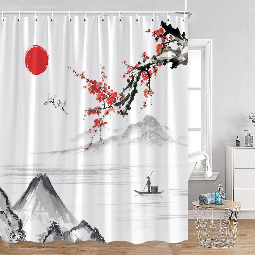 Chinesische Tuschemalerei Duschvorhänge Blühend Rot Sonne Koi Bambus Berglandschaft Badevorhang Polyester Badewannen Dekorationen