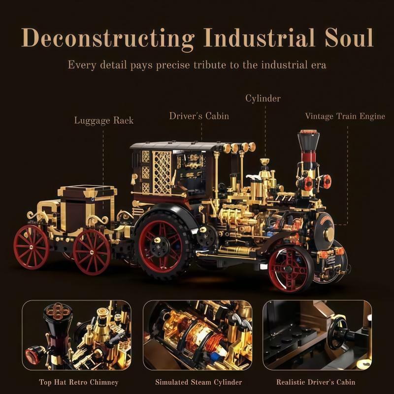 Vintage Steam Engine Car Building Kit, Mechanical Linkage Bricks Model, Collectible Display Ornament for Men, DIY Assembly Toy