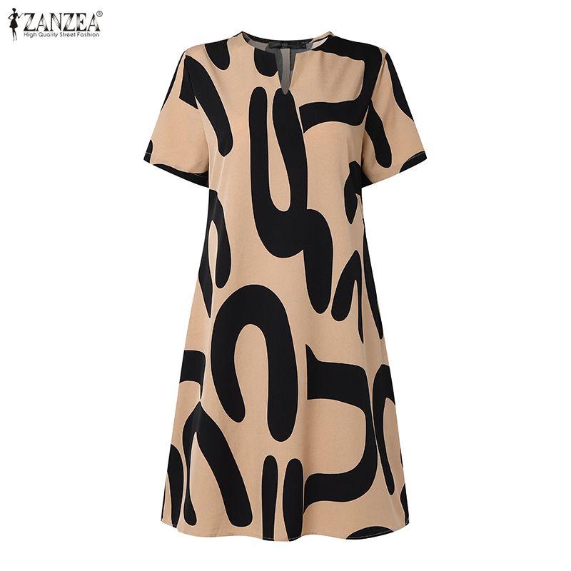 ZANZEA Women Casual V-Neck Summer Short Sleeve Print Dress