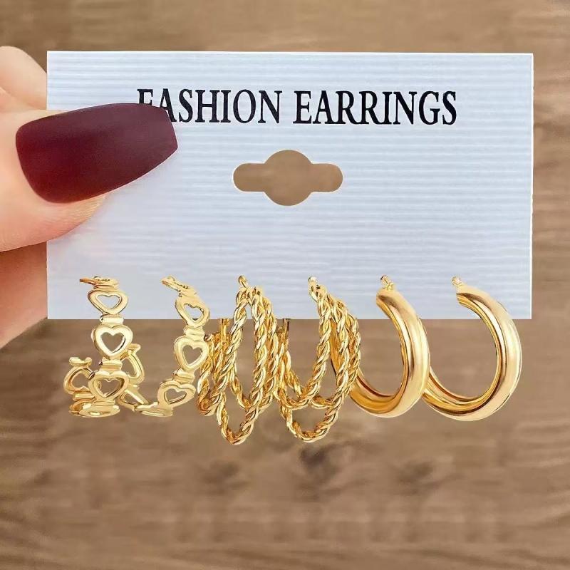 6Pairs 18K Gold Plated Alloy Earrings Set Stainless Steel Post CZ Pearl Heart Hoop for Women Fashion Jewelry