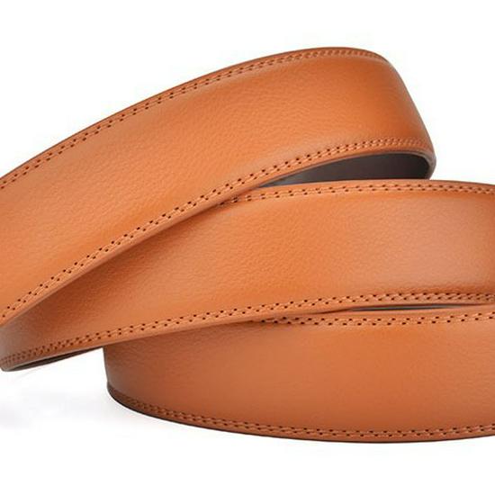 Pánský pásek z pravé kůže, druhá vrstva hověziny, šířka 3,5 cm, bezhlavá automatická přezka, červená/bílá/oranžová.