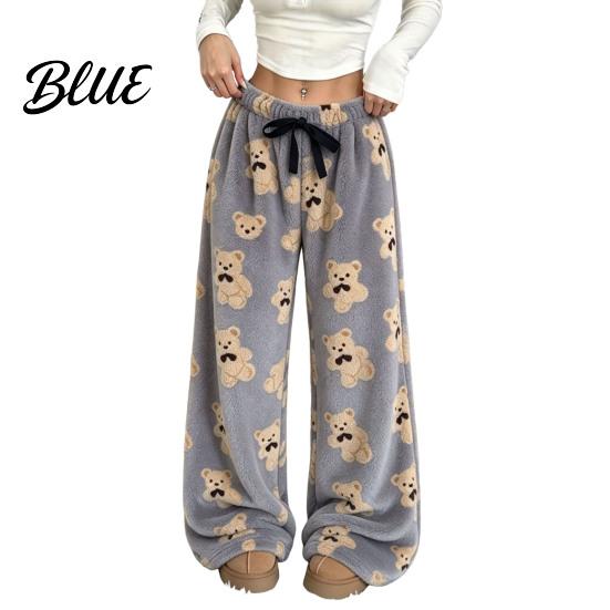 Bear Print Pajamas Women Plush Sleeping Pants Wide Leg Pajama Bottoms Pants Thickened Warm Lounge for Autumn Winter Home Wear Bottoms