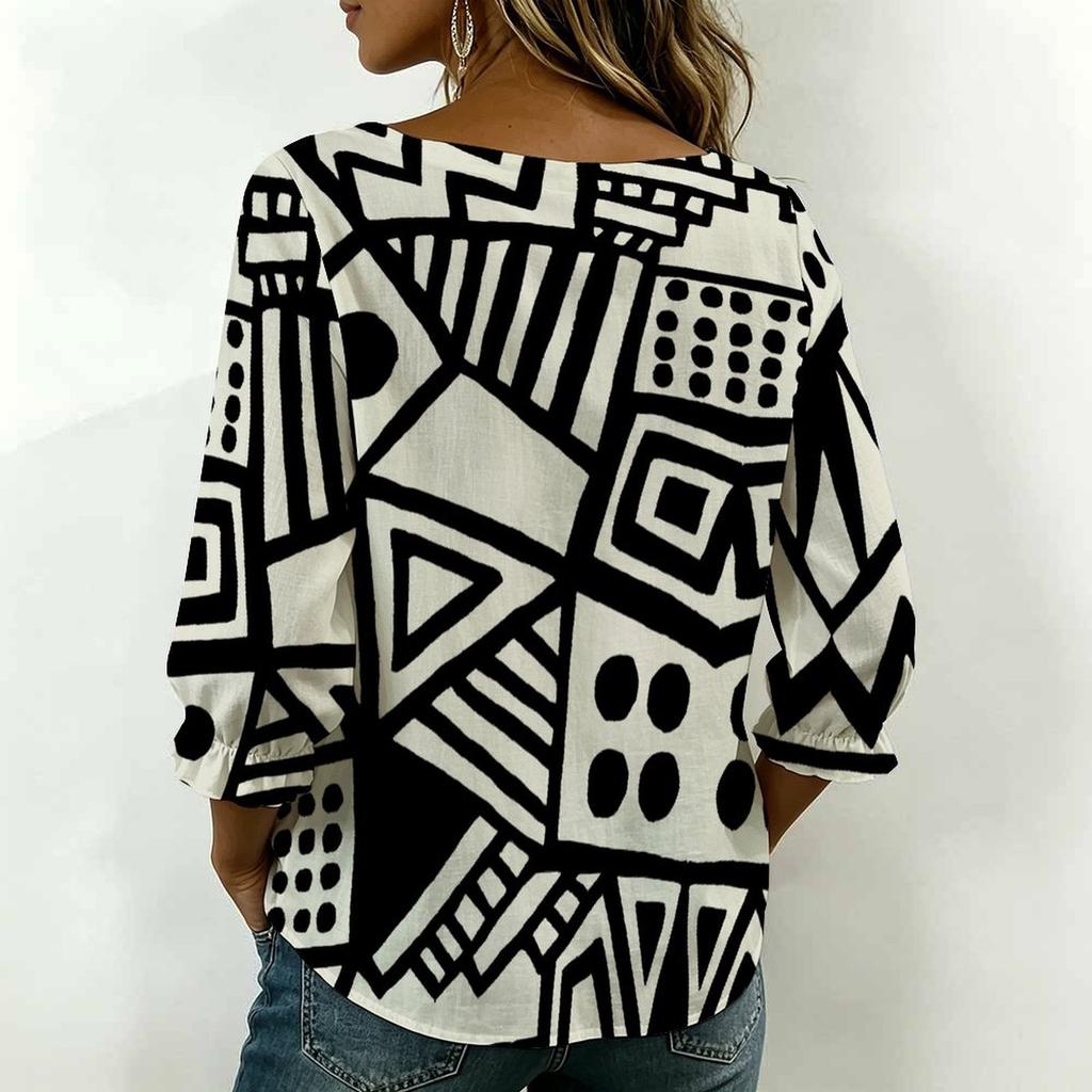 Women Square Neck Blouse White Black Ink Floral Print Ruffle Three Quarter Sleeve Shirt