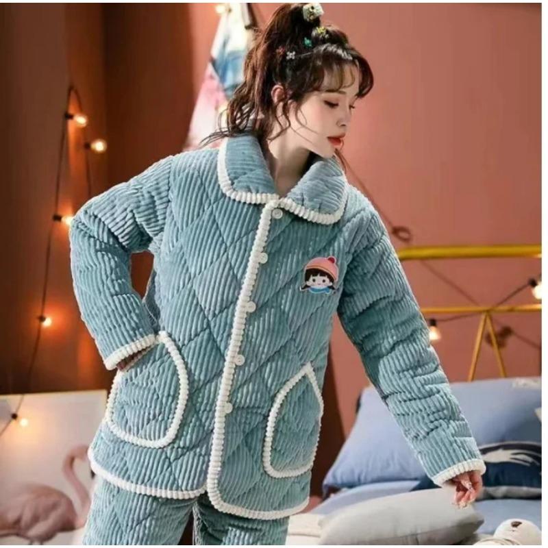 Sleepwear Women Winter Home Sleep Clothes Three Layer Thick Cotton Nightgown Flannel Coral Fleece Warm Coat Large Homewear Set