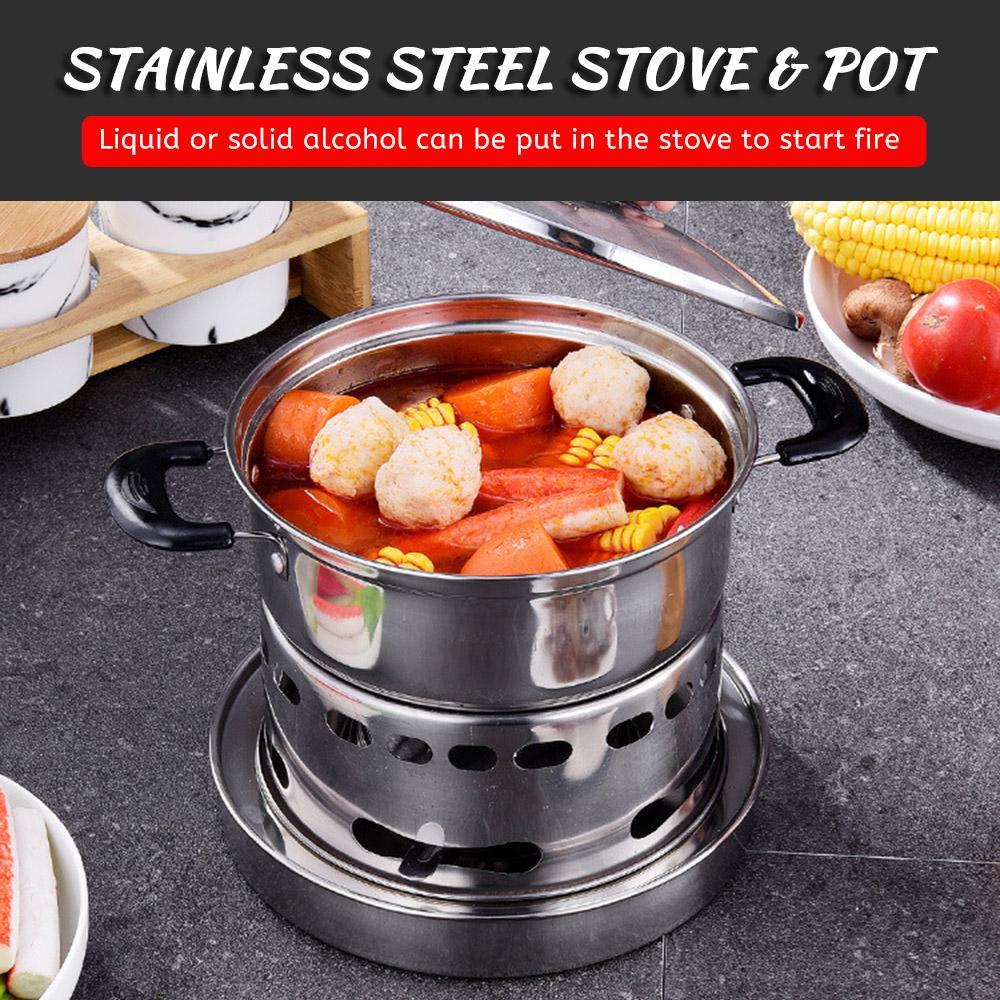 Outdoors Stainless Steel Alcohol Stove with Pot Portable Burner Rustproof Anti-corrosion Cooking