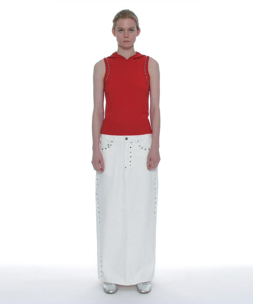 Partimento Woman Studded Denim Maxi Skirt_White
