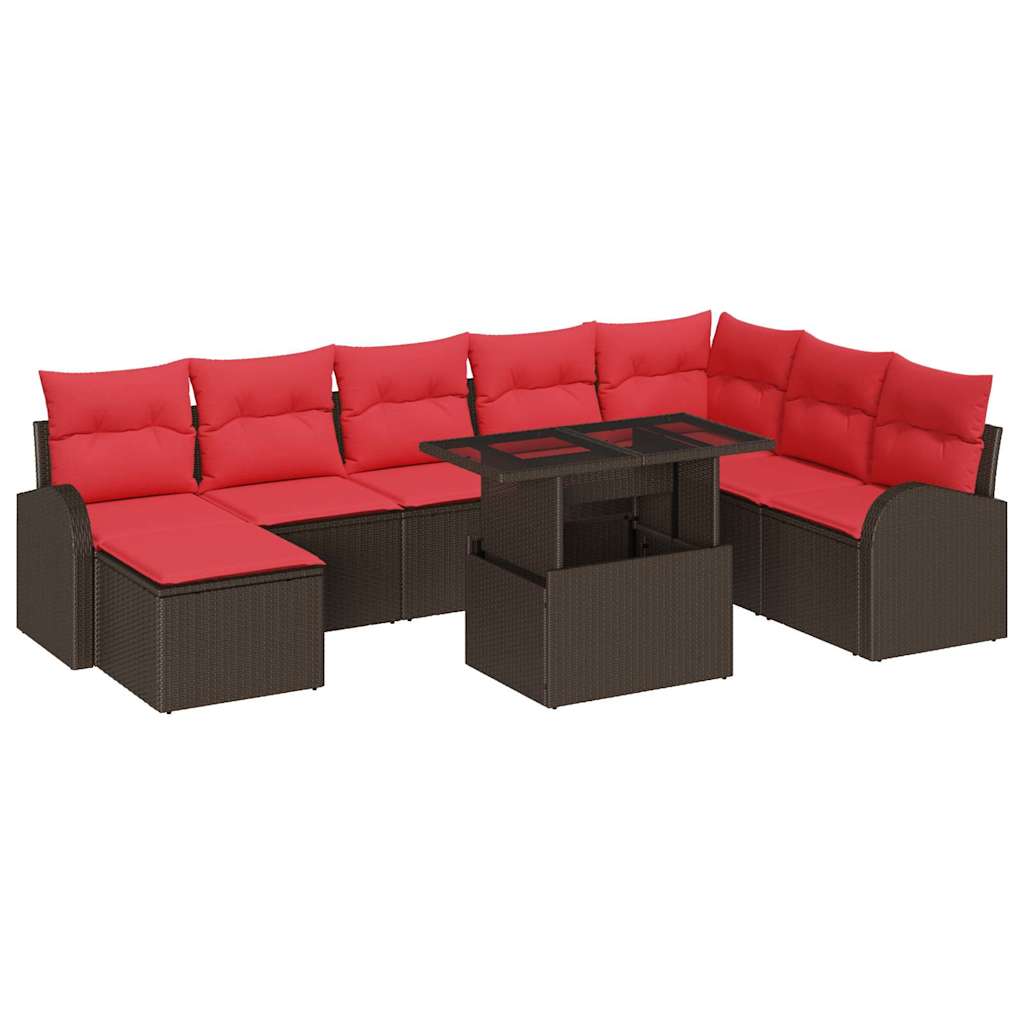 Garden Sofa Set 9 Pieces Brown and Red Poly Rattan