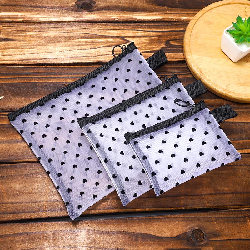 Portable Mesh Cosmetic Bag - Heart Design, Small Size for Lipstick and Cards