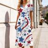 Women’s V Neck Short Sleeve Maxi Dress with Star and Floral Print 4th of July Dress Independence Day Dress Holiday Party Outfit