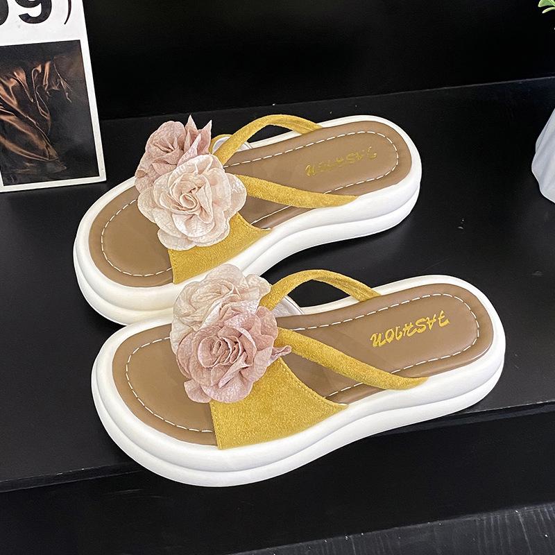 

Двухцветные тапочки с цветочным принтом на платформе, женские, новые летние, универсальные, женские, на плоской подошве, нескользящие, модные, для студентов, пляжные сандалии 40 жёлтый