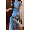 New Chinese style blue polka dot dress women's early summer hip-wrapped long dress early spring beautiful waist skirt
