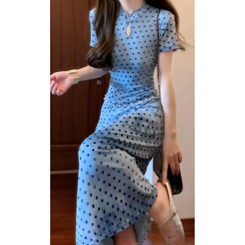 New Chinese style blue polka dot dress women's early summer hip-wrapped long dress early spring beautiful waist skirt