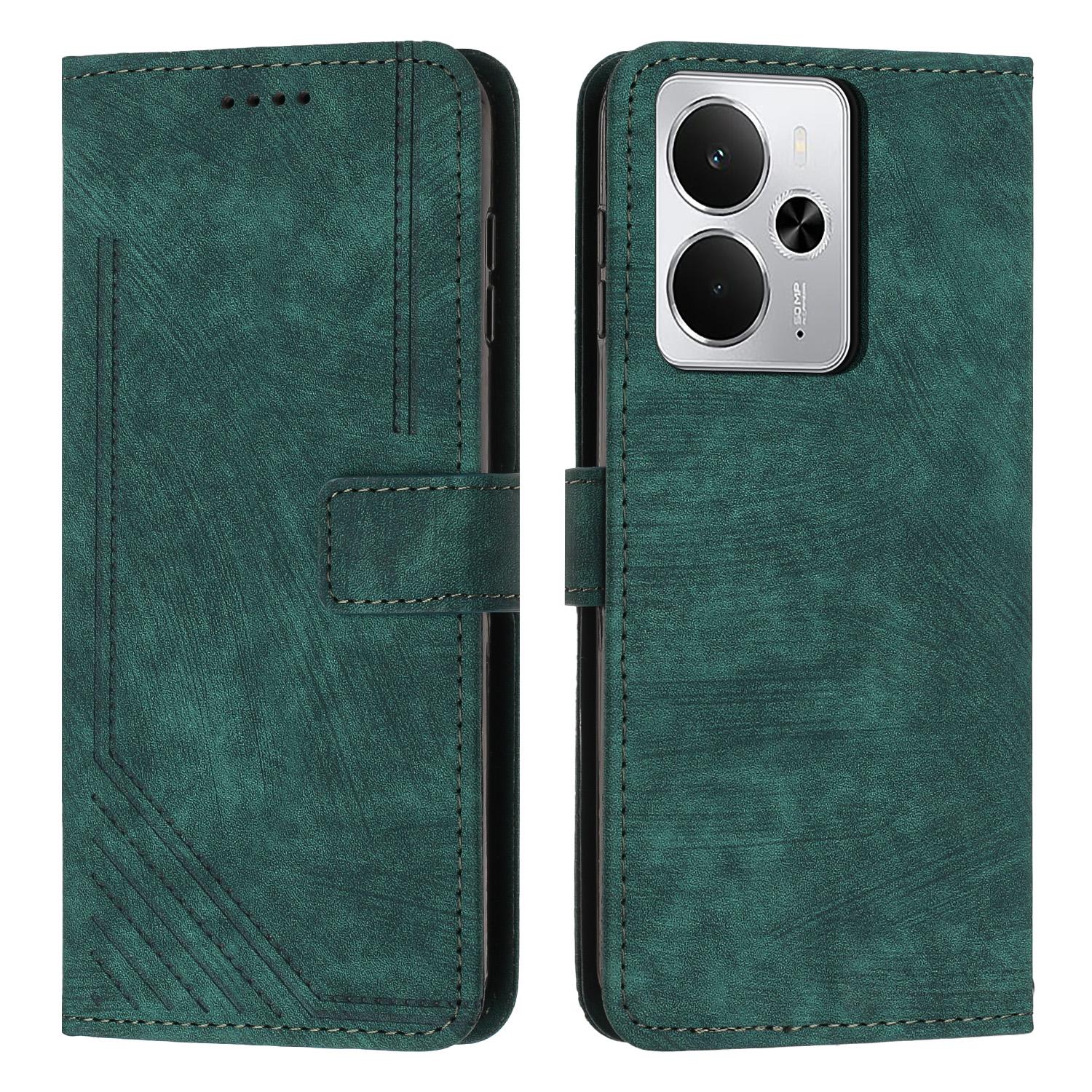 

Stand Case for Realme 14 5G/14T 5G/P3 5G Imprinted Lines Leather Phone Cover Green