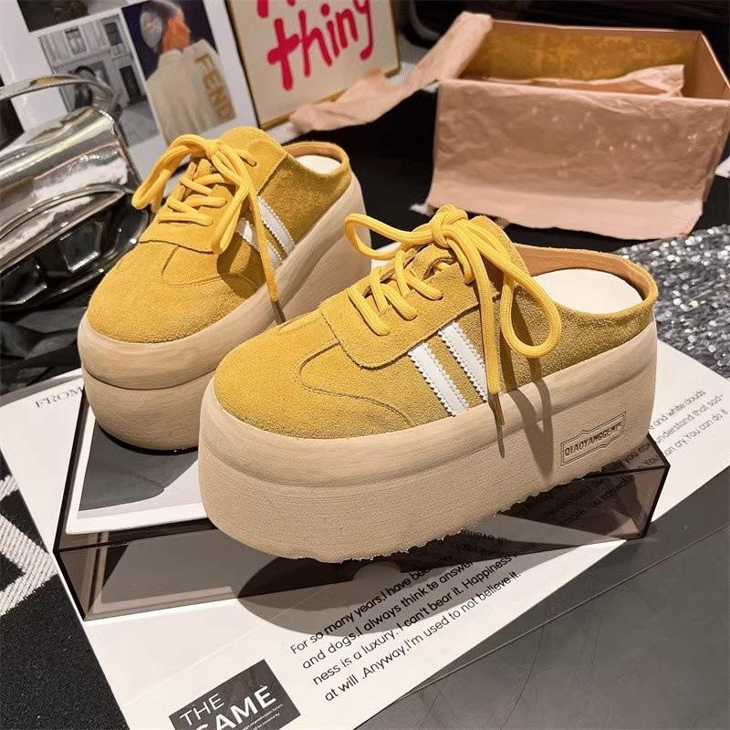 Frosted Lace-up Bag Head Half Slippers, Small Thick-soled Muffin To Increase the Height, Lazy Boken Shoes, Women's Shoes, Shoes