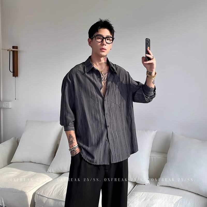 Men Striped Textured Long Sleeve Shirt Casual Loose Fit Breathable Spring Autumn Daily Shirt M