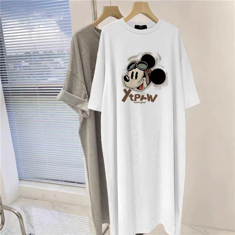 Dames trendy merk jurk met korte mouwen in grote maat zomer los katoenen T-shirt rok over de knie dik meisje temperament dunne lange jurk 3XL white