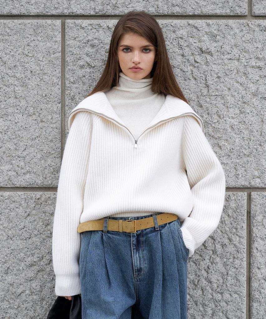 RENEJ Wool Wide Ribbed Half Zip-Up