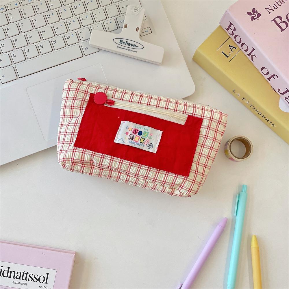 Portable Contrasting Grid Pen Case Dopamine Cute Makeup Bag Casual Cartoon Stationery Box  School