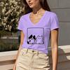 Summer Women's Regular Fit V-neck Short-sleeved T-shirt, Regular Length, Women's Top with Two Cat Prints.
