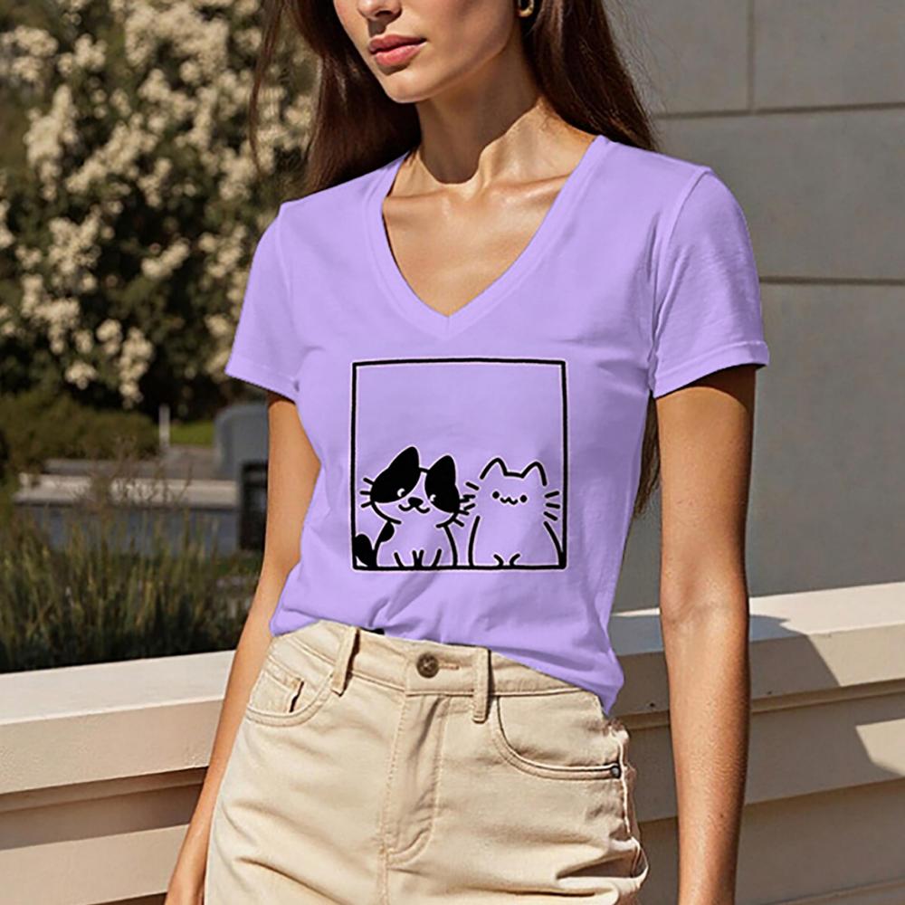 Summer Women's Regular Fit V-neck Short-sleeved T-shirt, Regular Length, Women's Top with Two Cat Prints.