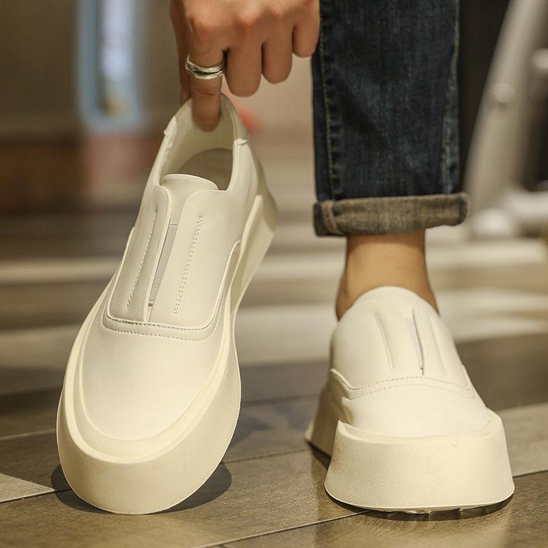 Leather Shoes Men's Autumn Leather Versatile High-end Men's Thick Soles Increase Height Leisure Business One Pedal White Board Shoes