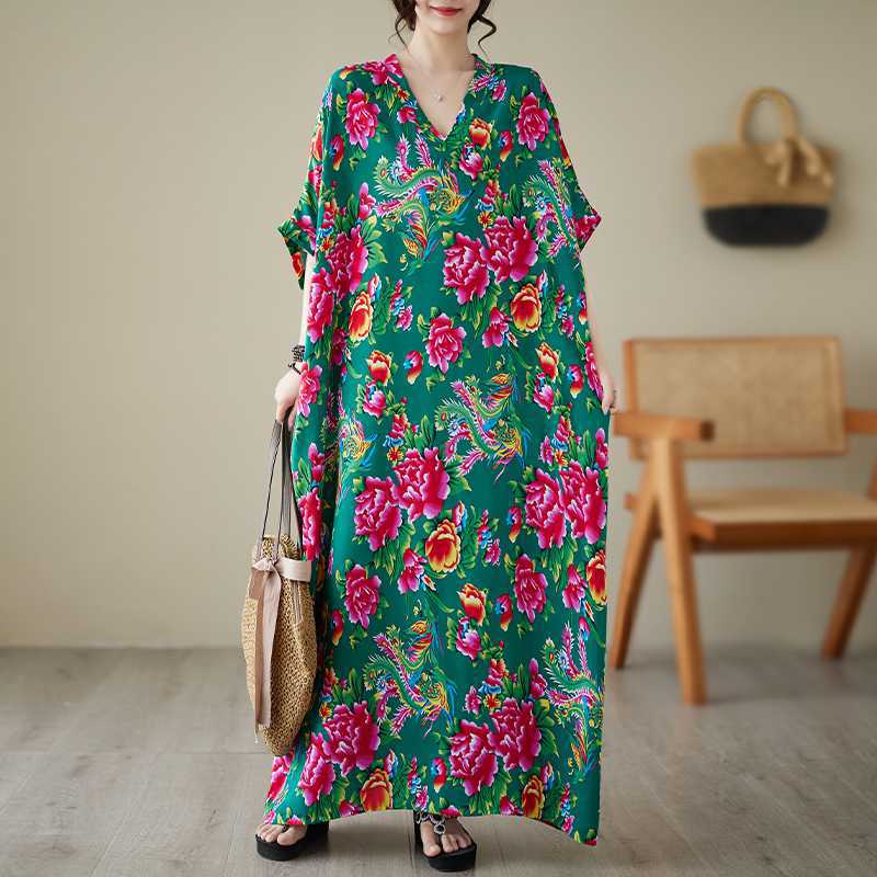 

Летние платья из хлопка и шелка с V-образным вырезом, большого размера, свободные, в стиле литературного отпуска, для пляжа One Size зелёный