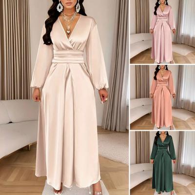 Women Summer Satin V-Neck Dress Elegant Long Gown with Puff Sleeves & Cinched Waist Flowing A-Line Skirt Breathable Elegant Dress