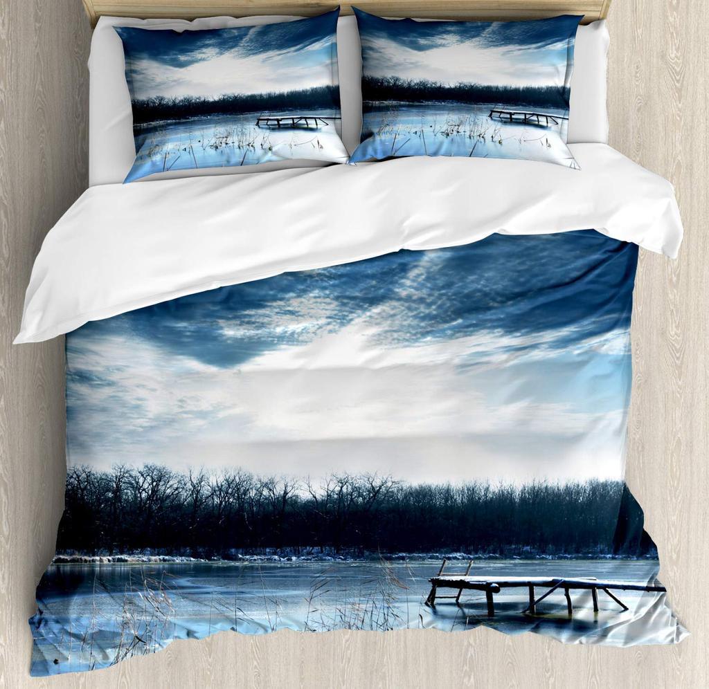 Frozen Lake Duvet Cover Sets for Teens Queen Lightweight Quilt Cover with 2 Pillowcase Winter Themed Bedding Sets No Comforter
