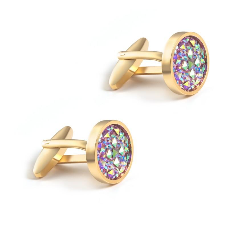 Round Inlaid Rhinestone French Cufflinks With Gold Metal Studs Pure Natural золотой