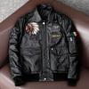 Genuine Leather Jacket Men Real Cowhide Pilot Biker Coat with Multiple Badges Trendy Outerwear
