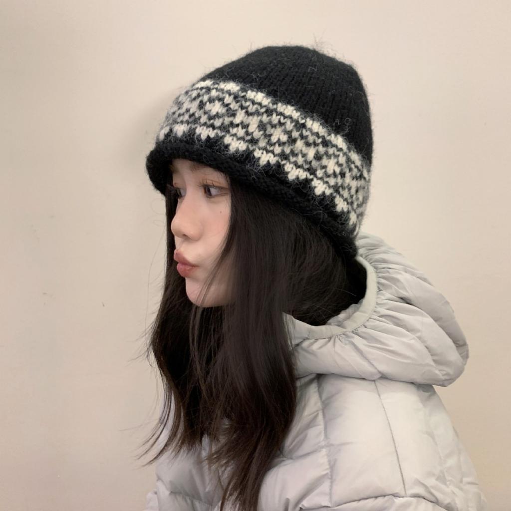 Fair Island Wool Knitted Hat Women's Autumn and Winter Hat Big Head Circumference Retro Warm Cold Hat Lazy Wind