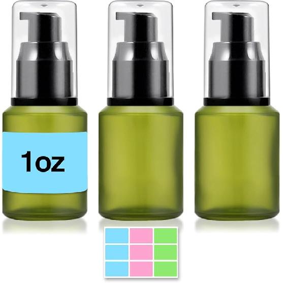 

3PCS 60ML/2OZ Empty Green Frosted Glass Bottles with Pump Refillable Vial Cosmetic Dispenser Jars Storage Travel Lotion Container Portable Sample 1 OZ зелений