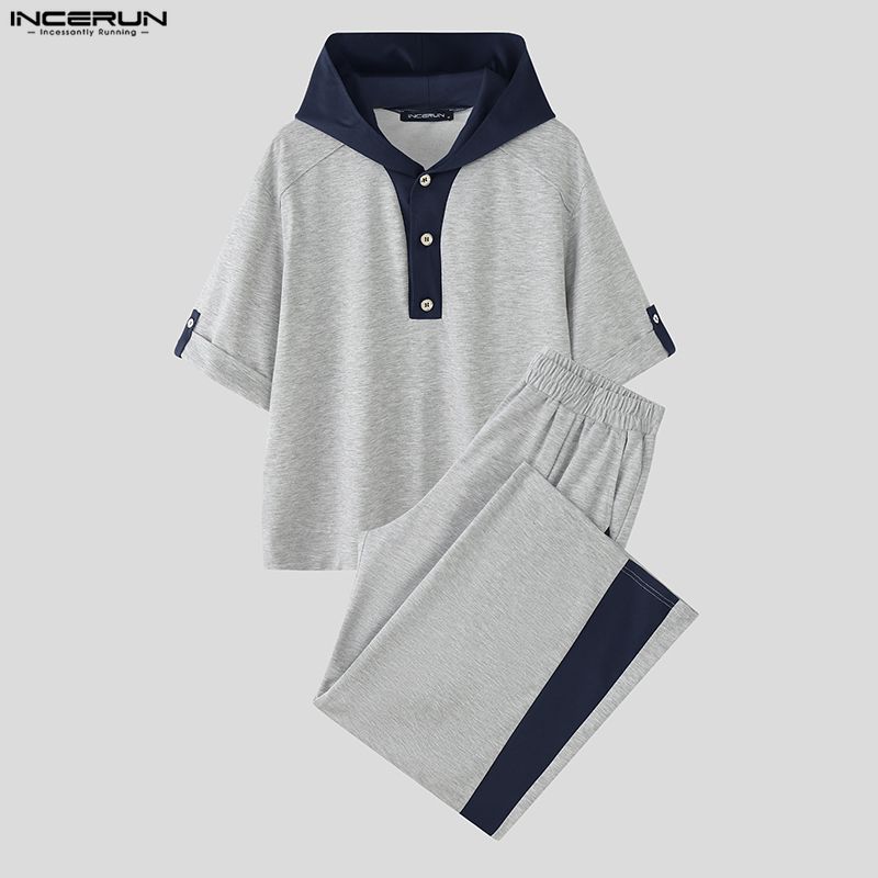 INCERUN Two Pieces Men Short Sleeve Splicing Hooded T-shirts Long Pants Sets