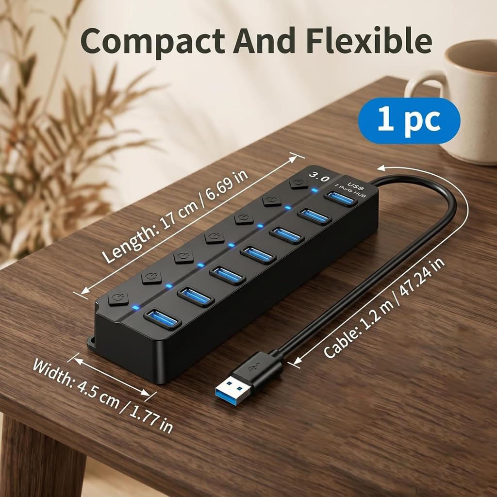 USB 3.0 hub with 7 ports, USB 3.0 port multi-socket, stand-alone and LED switch, multi-port splitter for PC, Mac and Linux, ultra-fast 5 Gbps data