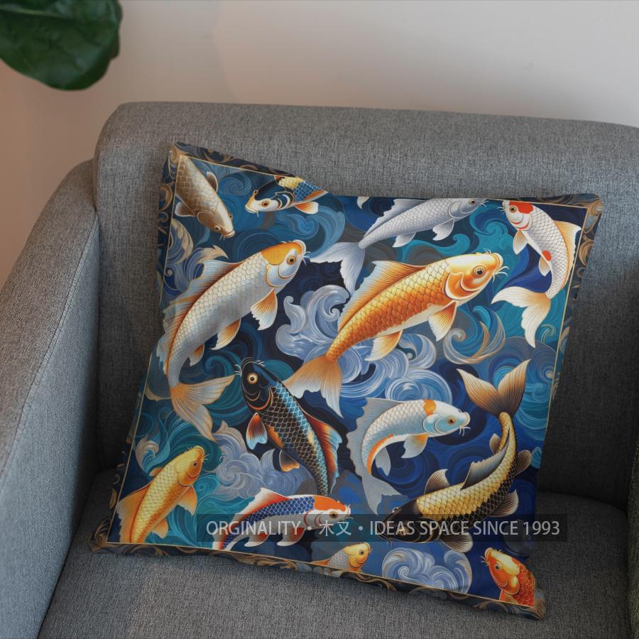 2D Colorful Koi Fish Wave Pattern Pillow Cover Pattern Cushion Cover Suitable For Sofa Bedroom Car Pillow Cover
