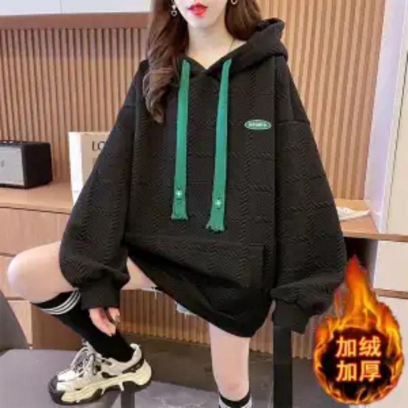 Kapuzensweatshirt für Damen im Herbst Winter Koreanischer Stil Design Nische Plus Samt Verdickt Waffeljacke für Leute Trendig