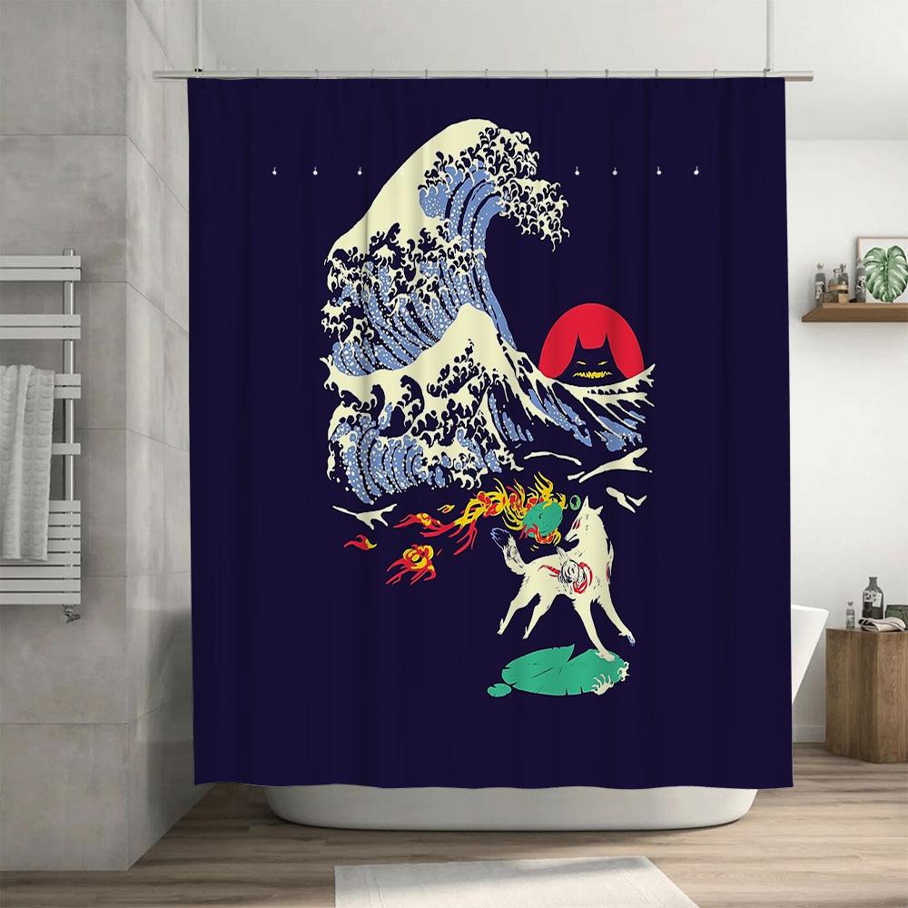 unframed Japanese Wave Fox Art Bath Curtain Washoku Zen Decor Traditional Home Shower Curtains Japanese Style Bathroom Decoratio