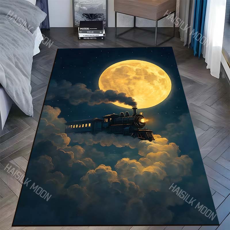 

1PC Steam train under giant full moon Carpet for Living Room Bedroom Sofa Home Decor Rus Non-slip Floor Mat Luxury Gift 40x60cm