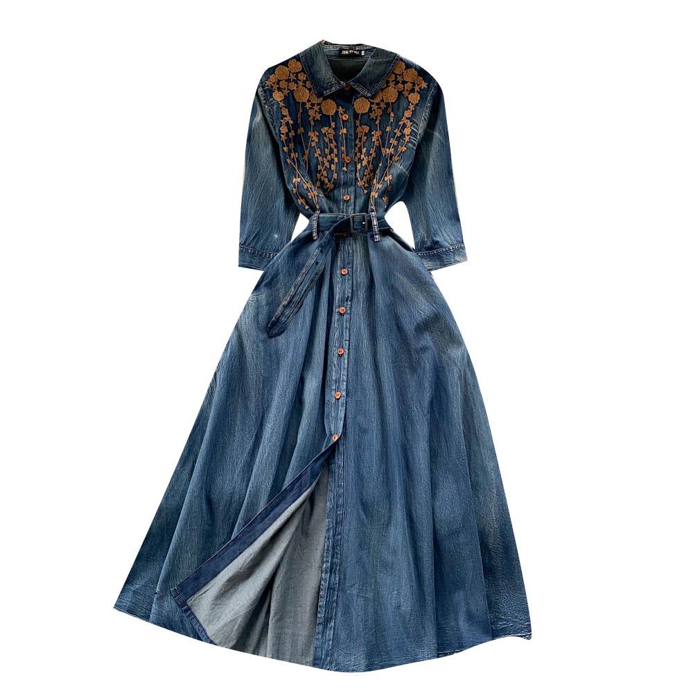 Hong Kong Style Retro Embroidered Denim Dress for Women